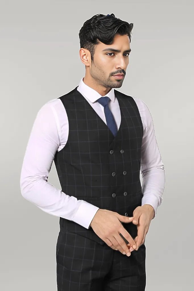 WSS Black Checked 3 Piece Linen Suit  - Singen