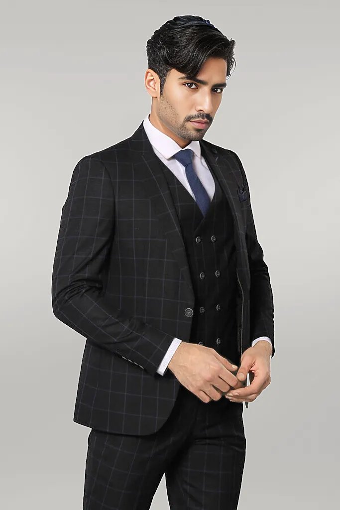 WSS Black Checked 3 Piece Linen Suit  - Singen