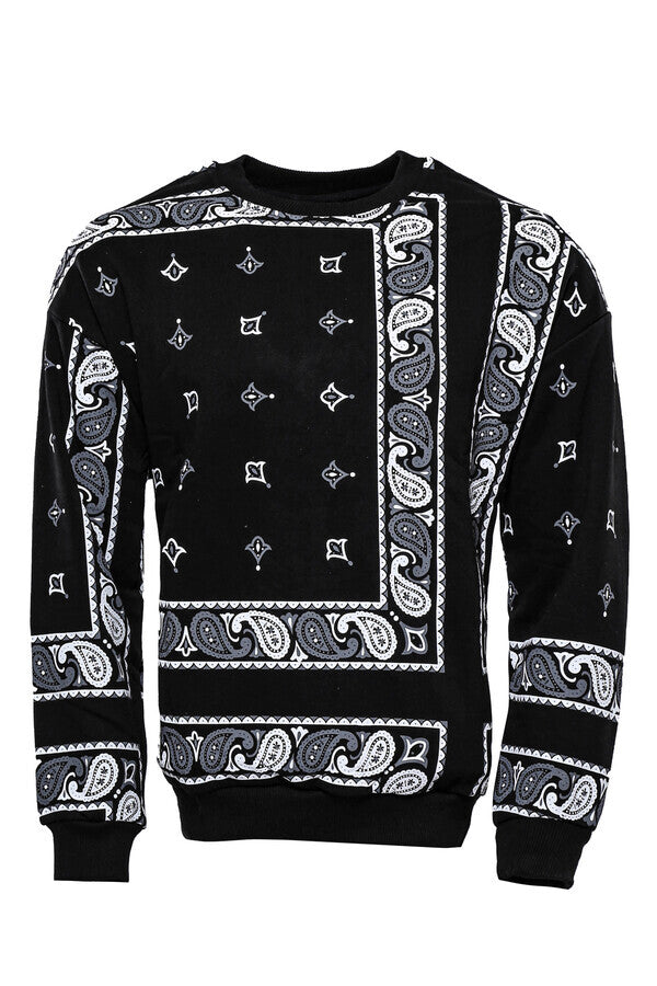 WSS Black Patterned Crew Neck Sweater  - Singen