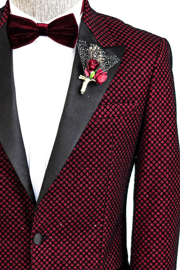 WSS Black Patterned Over Burgundy Men Prom Blazer  - Singen