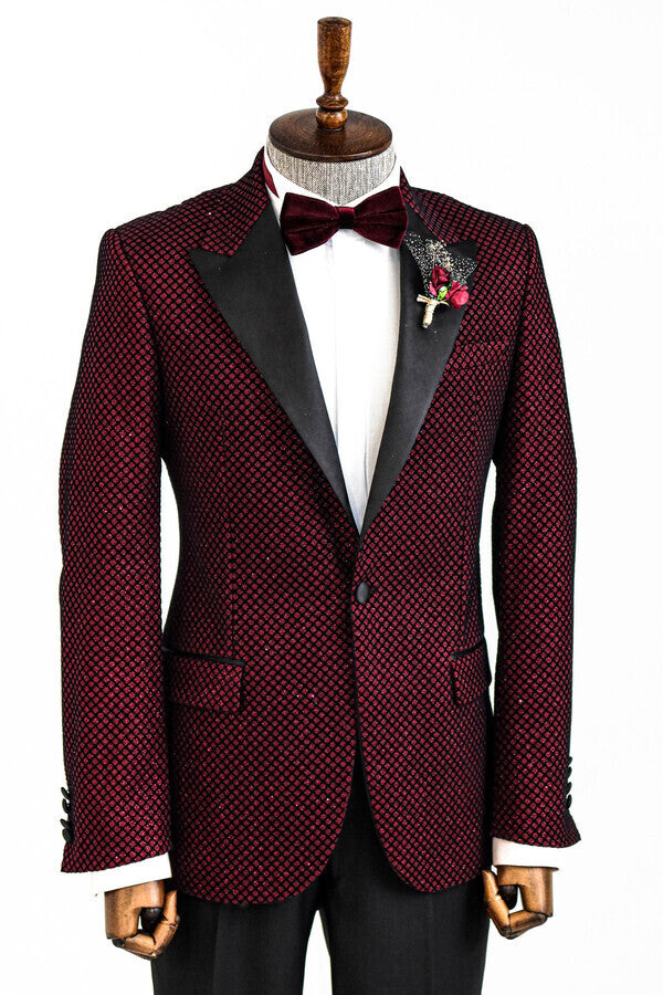 WSS Black Patterned Over Burgundy Men Prom Blazer  - Singen