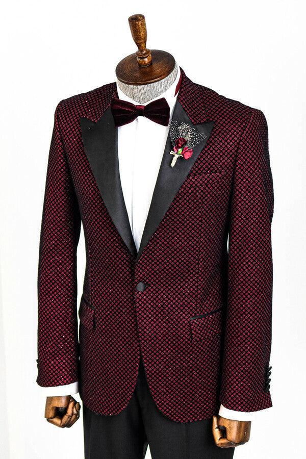 WSS Black Patterned Over Burgundy Men Prom Blazer  - Singen