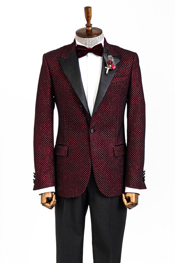 WSS Black Patterned Over Burgundy Men Prom Blazer  - Singen