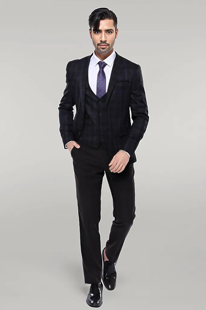 WSS Black Plaid Men's Winter 3 Piece Suit  - Singen