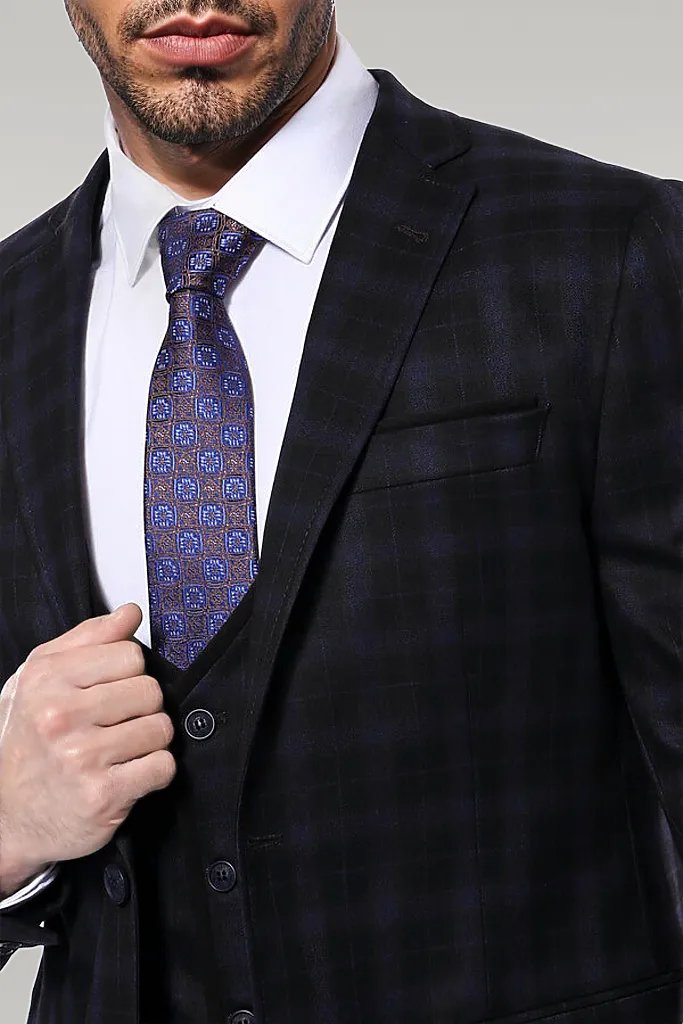 WSS Black Plaid Men's Winter 3 Piece Suit  - Singen