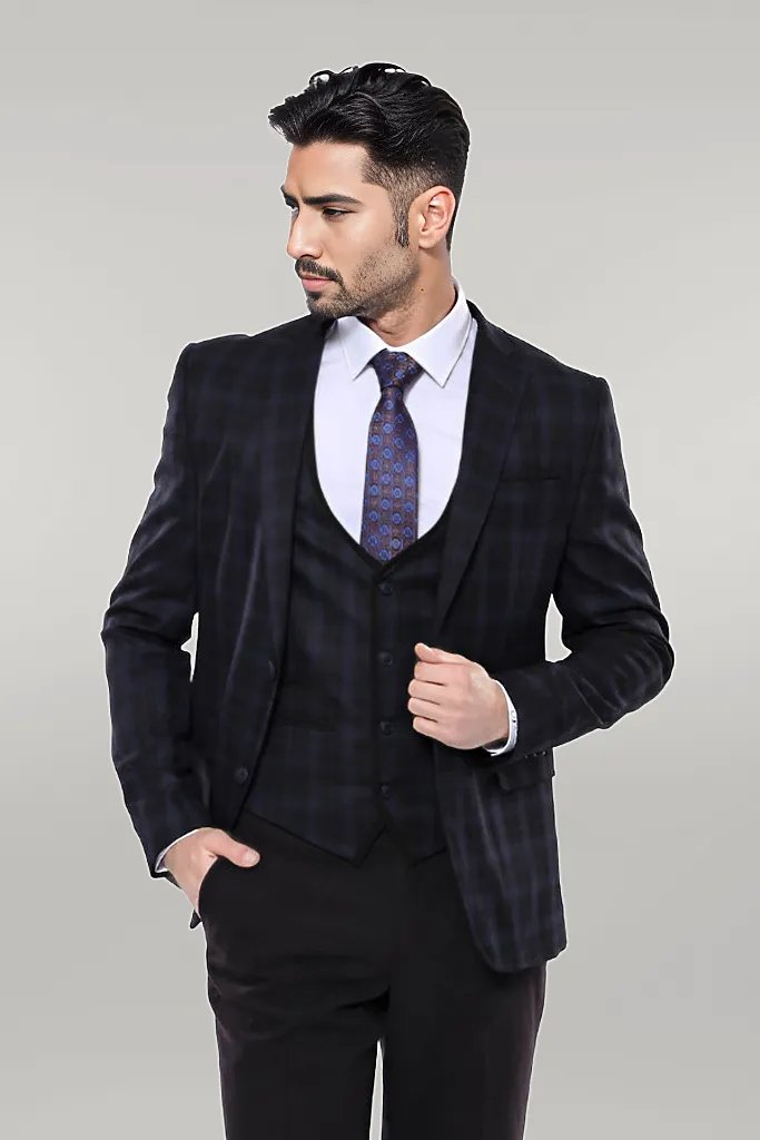 WSS Black Plaid Men's Winter 3 Piece Suit  - Singen