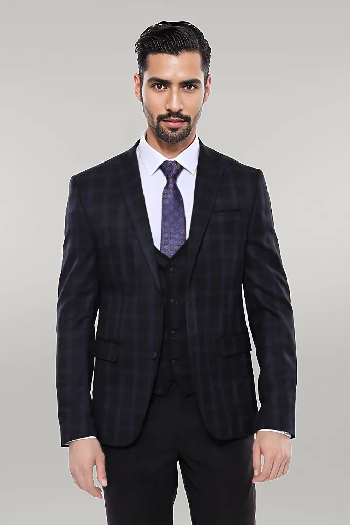 WSS Black Plaid Men's Winter 3 Piece Suit  - Singen