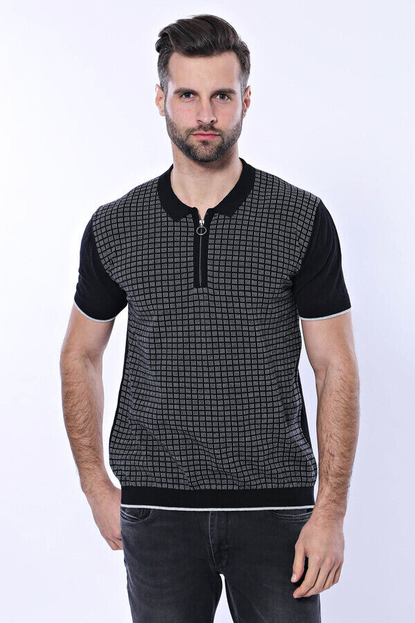 WSS Black Plaid Zippered Polo Knitted T-Shirt  - Singen