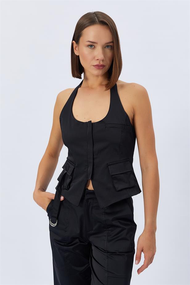 RYN Pocket Zippered Vest Blouse - BLACK - San Juan