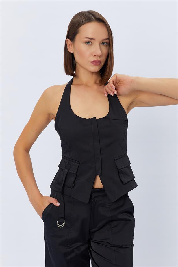 RYN Pocket Zippered Vest Blouse - BLACK - San Juan