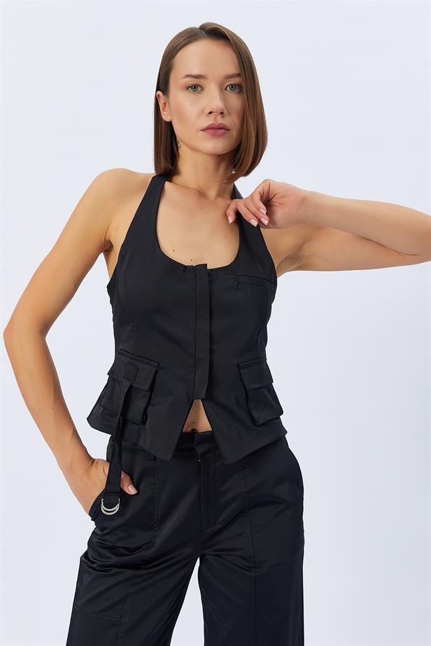 RYN Pocket Zippered Vest Blouse - BLACK - San Juan