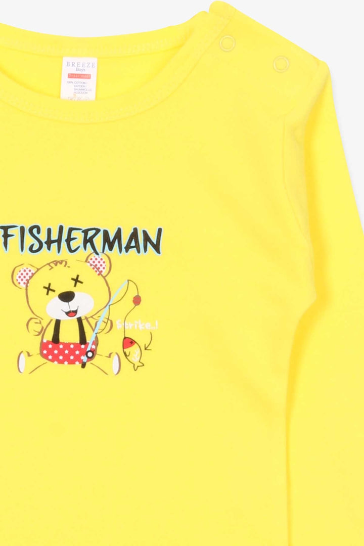 BRE Breeze Baby Boy Snap Bodysuit Fisherman Bear Printed 9 Months-3 Years, Neon Yellow - Kent