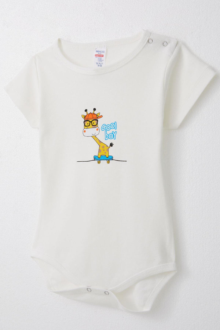 BRE Breeze Baby Boy Snap Fastener Bodysuit Cute Skateboarder Giraffe Printed 9 Months-3 Years, Ecru - Seelze