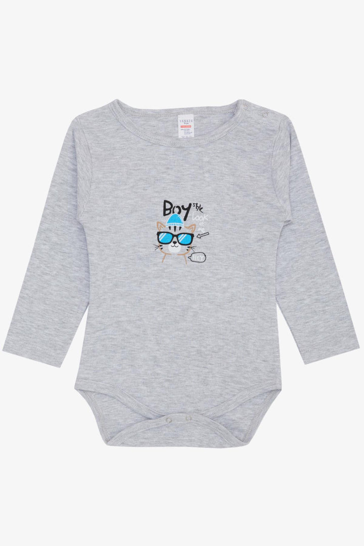 BRE Breeze Baby Boy Snap Bodysuit with Glasses Printed Cat Design 9 Months-3 Years, Light Grey Melange - Augusta