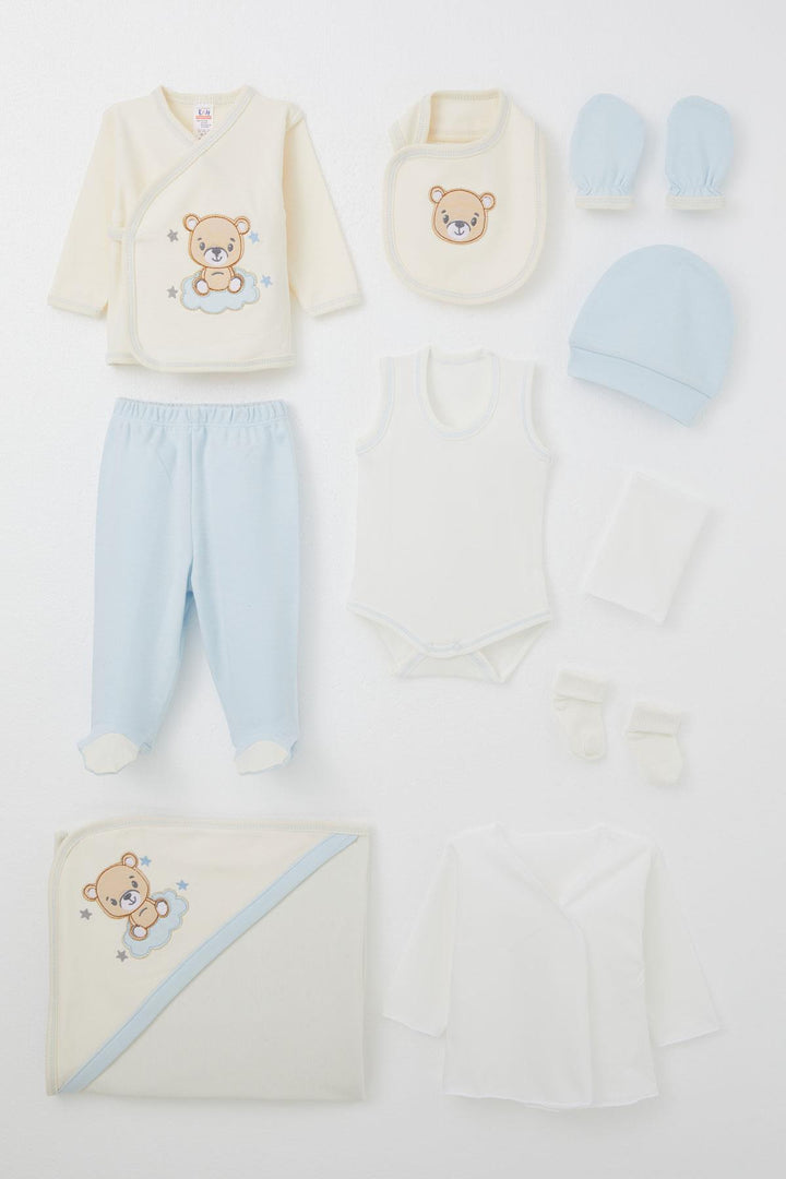 BRE Breeze Baby Boy Hospital Outfit 10-Piece Cute Bear Embroidered Starry 0-3 Months, Ecru - Cortlandt