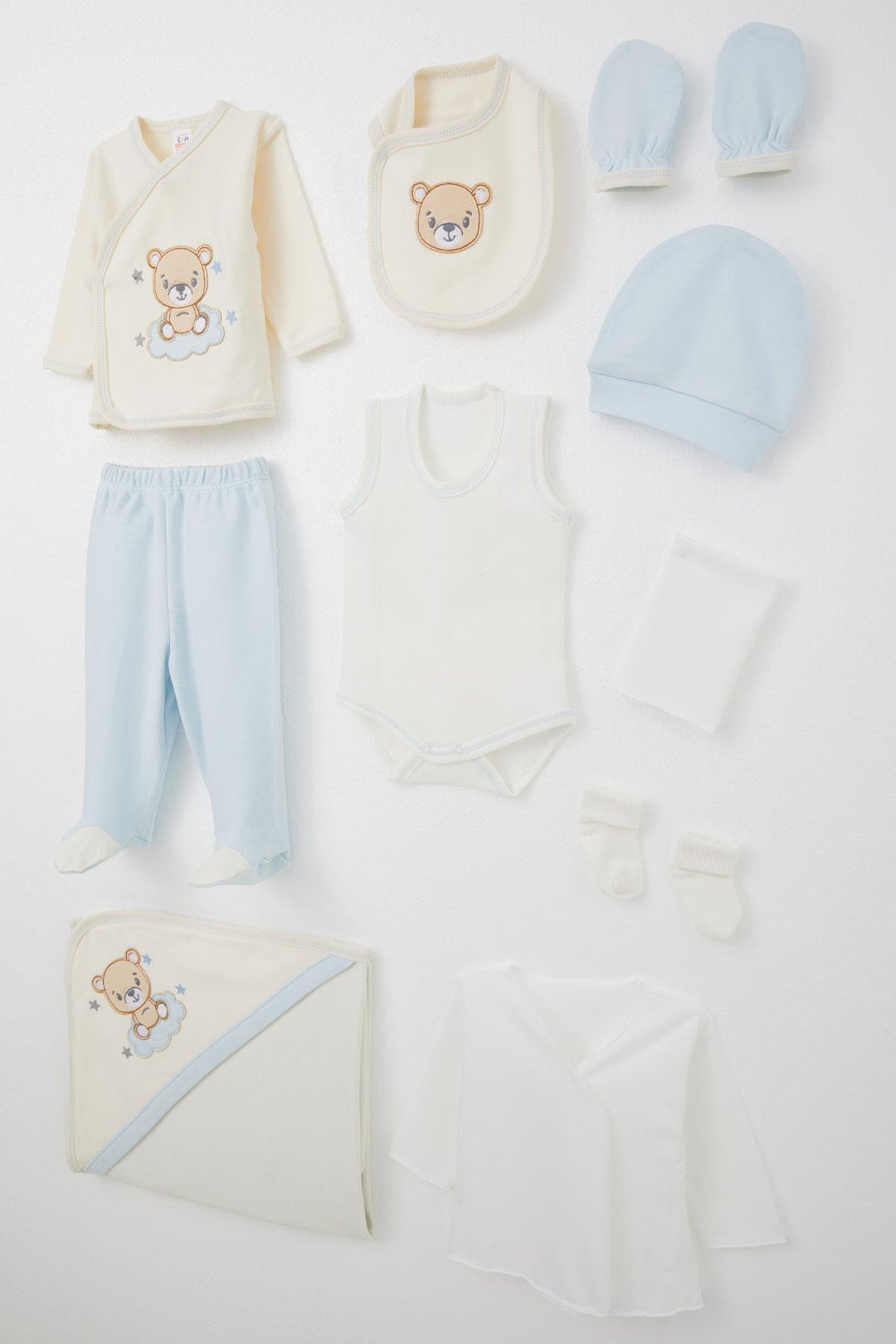 BRE Breeze Baby Boy Hospital Outfit 10-Piece Cute Bear Embroidered Starry 0-3 Months, Ecru - Cortlandt