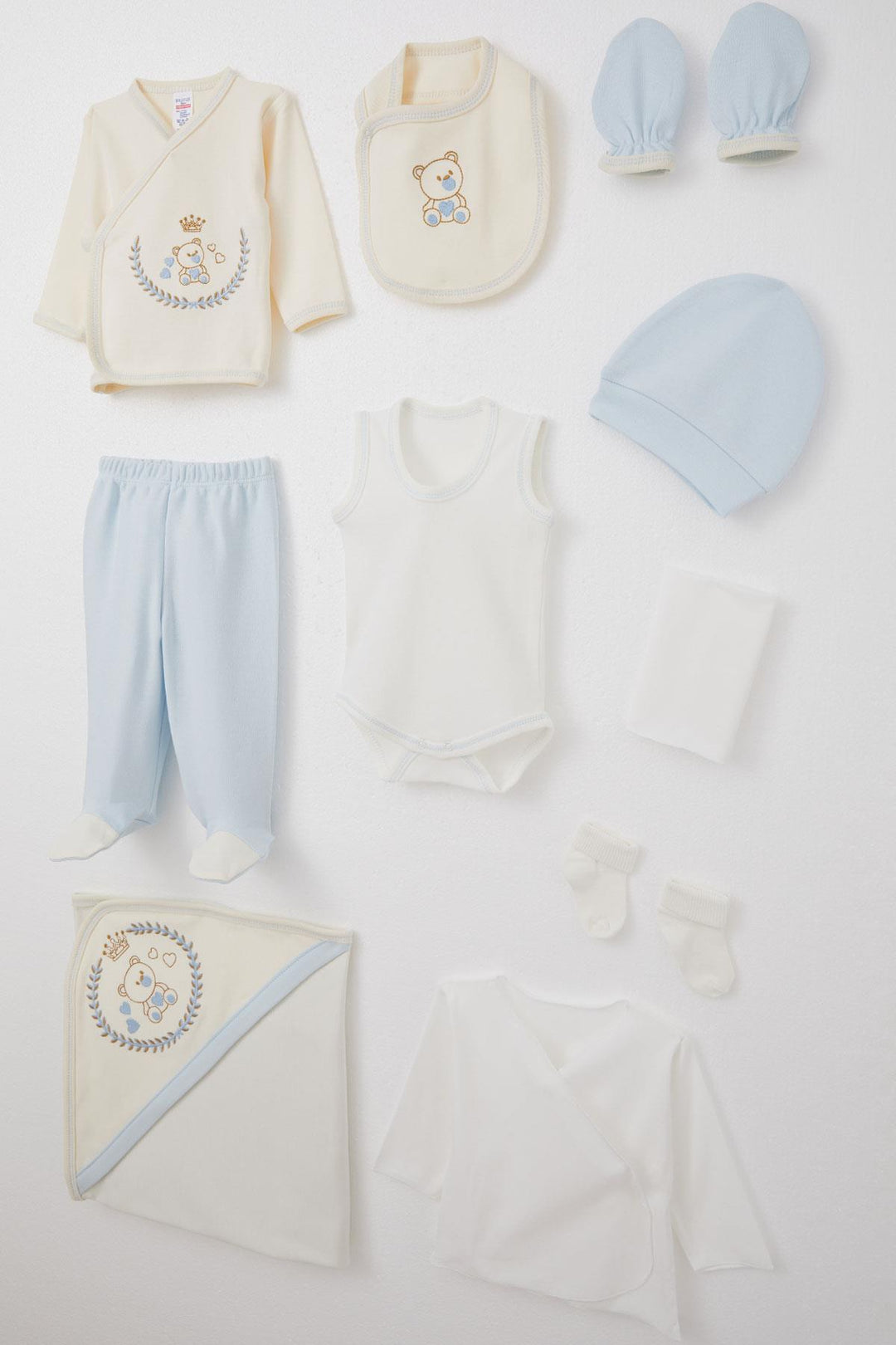 BRE Breeze Baby Boy Hospital Outfit 10-Piece King Bear Embroidered 0-3 Months, Ecru - Palm Coast