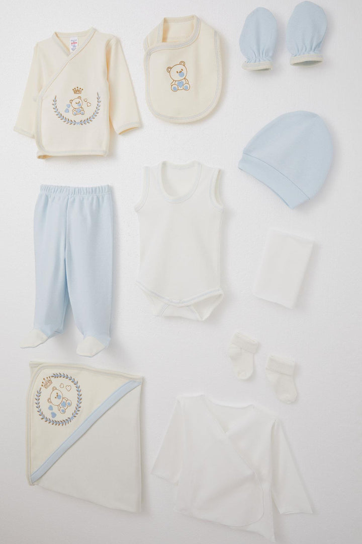 BRE Breeze Baby Boy Hospital Outfit 10-Piece King Bear Embroidered 0-3 Months, Ecru - Palm Coast