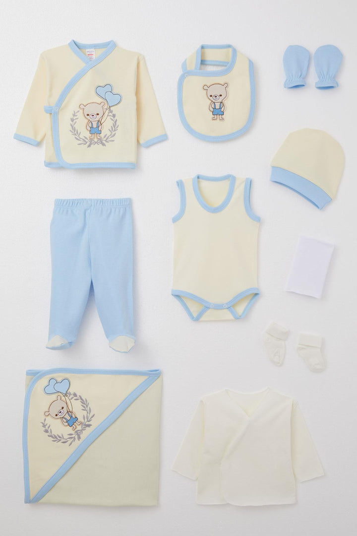 BRE Breeze Baby Boy Hospital Outfit 10-Piece Cute Bear Embroidered Heart Balloon 0-3 Months, Cream - Tuxpan