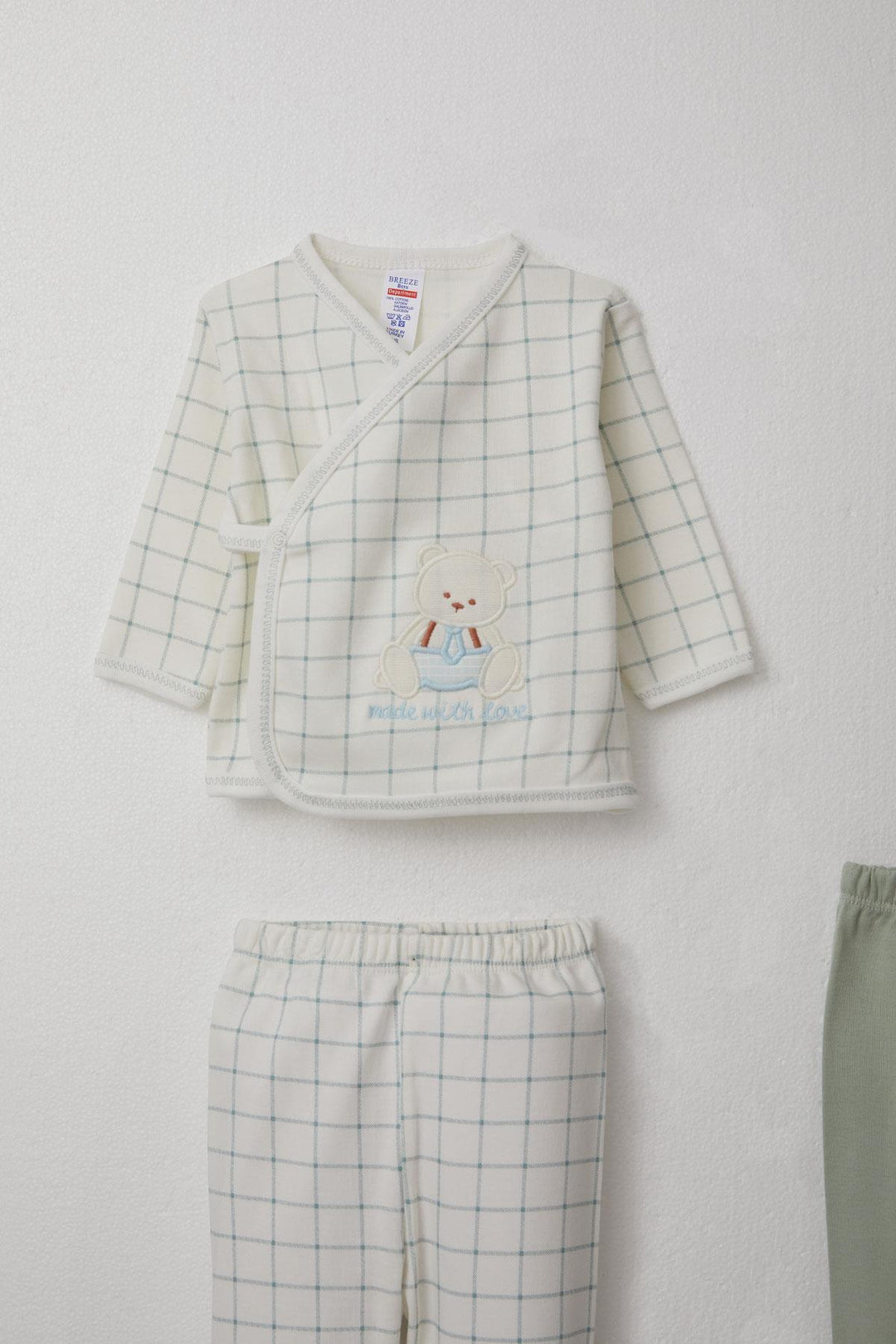 BRE Breeze Baby Boy Hospital Outfit 3-Piece Set with Cute Bear Embroidery Square Pattern 0-4 Months, Ecru - Anzio