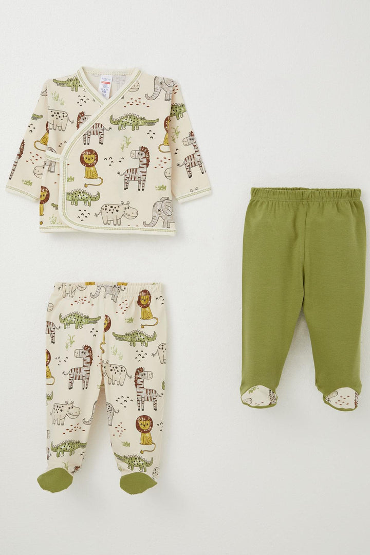 BRE Breeze Baby Boy Hospital Outfit 3-Piece Safari Themed Cute Animals 0-4 Months, Beige - Nîmes