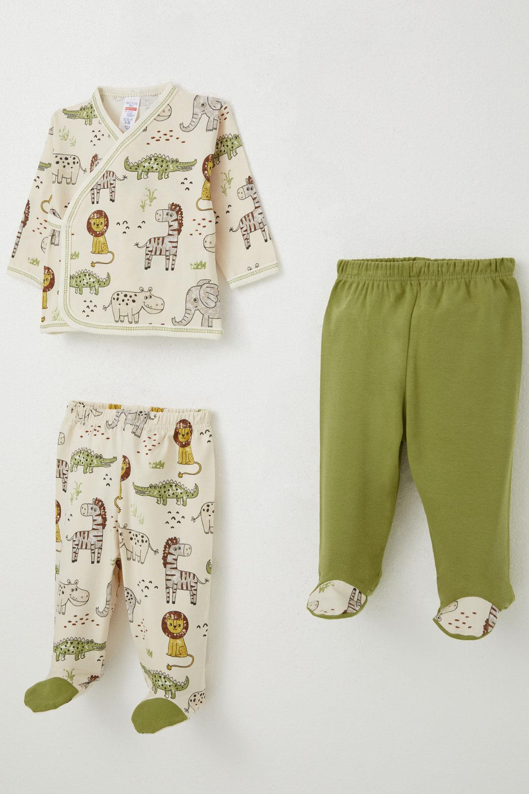 BRE Breeze Baby Boy Hospital Outfit 3-Piece Safari Themed Cute Animals 0-4 Months, Beige - Nîmes