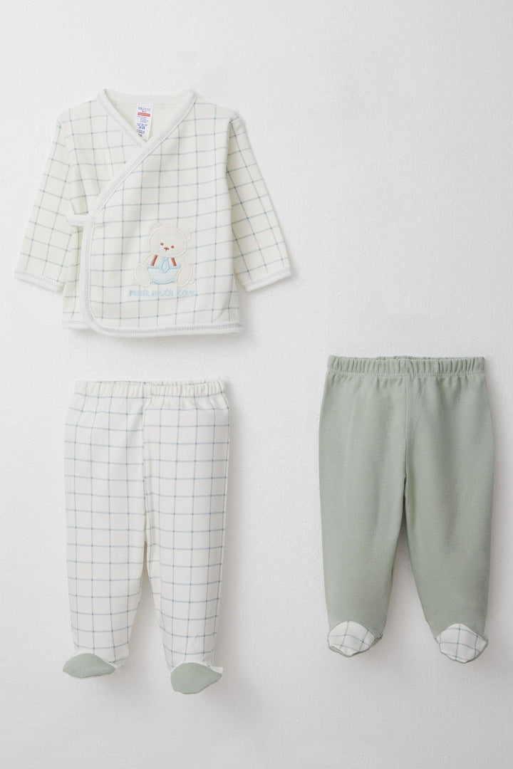 BRE Breeze Baby Boy Hospital Outfit 3-Piece Set with Cute Bear Embroidery Square Pattern 0-4 Months, Ecru - Anzio