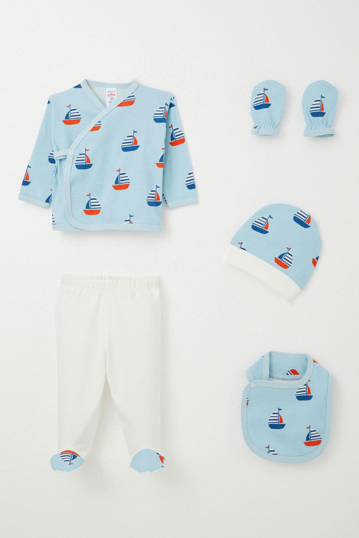 BRE Breeze Baby Boy Hospital Outfit 5 Piece Sailboat Pattern 0-3 Months, Light Blue - Sion