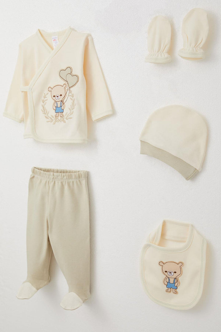 BRE Breeze Baby Boy Hospital Outfit 5 Piece Cute Bear Embroidered 0-3 Months, Cream - Lexington