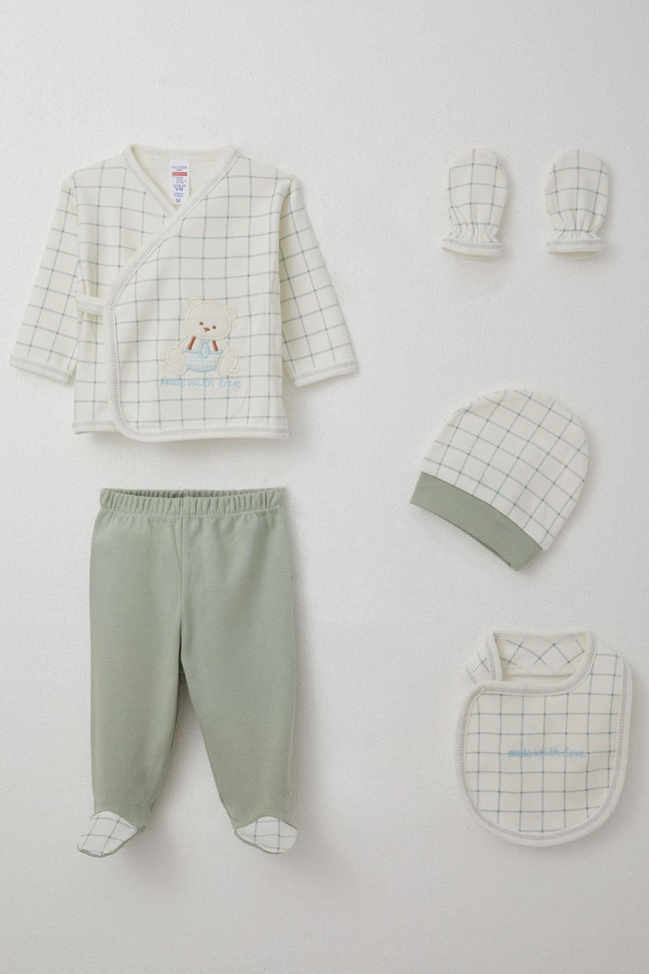 BRE Breeze Baby Boy Hospital Outfit 5-Piece Set with Cute Bear Embroidery Square Pattern 0-3 Months, Ecru - Albany