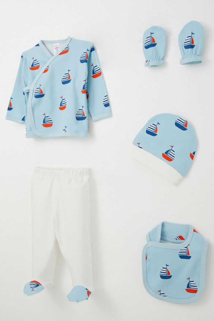 BRE Breeze Baby Boy Hospital Outfit 5 Piece Sailboat Pattern 0-3 Months, Light Blue - Sion