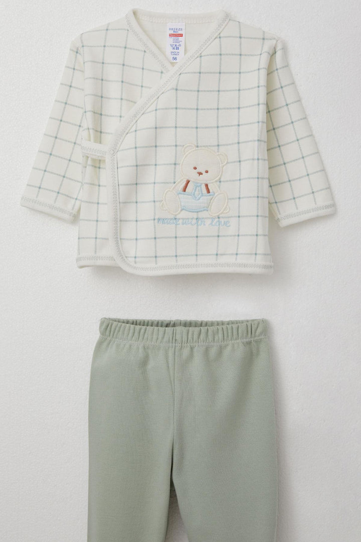 BRE Breeze Baby Boy Hospital Outfit 5-Piece Set with Cute Bear Embroidery Square Pattern 0-3 Months, Ecru - Albany