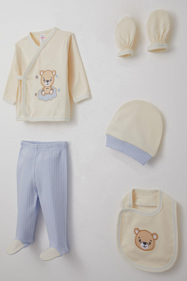 BRE Breeze Baby Boy Hospital Outfit 5-Piece with Cute Bear Embroidery 0-3 Months, Cream - Saratoga Springs