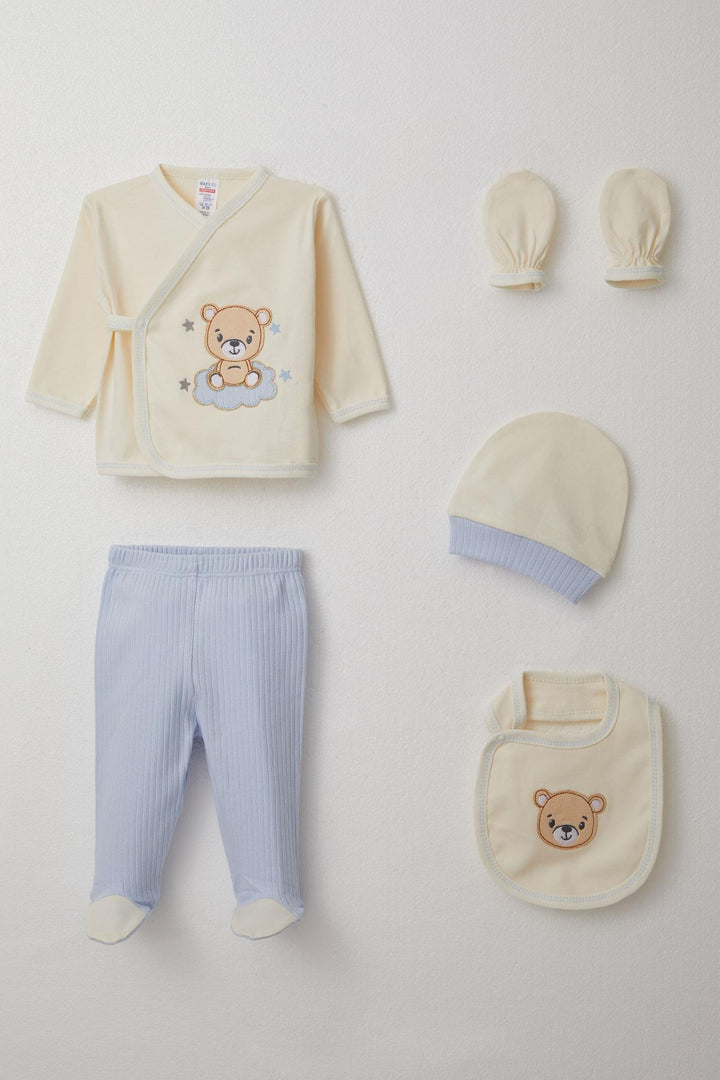 BRE Breeze Baby Boy Hospital Outfit 5-Piece with Cute Bear Embroidery 0-3 Months, Cream - Saratoga Springs