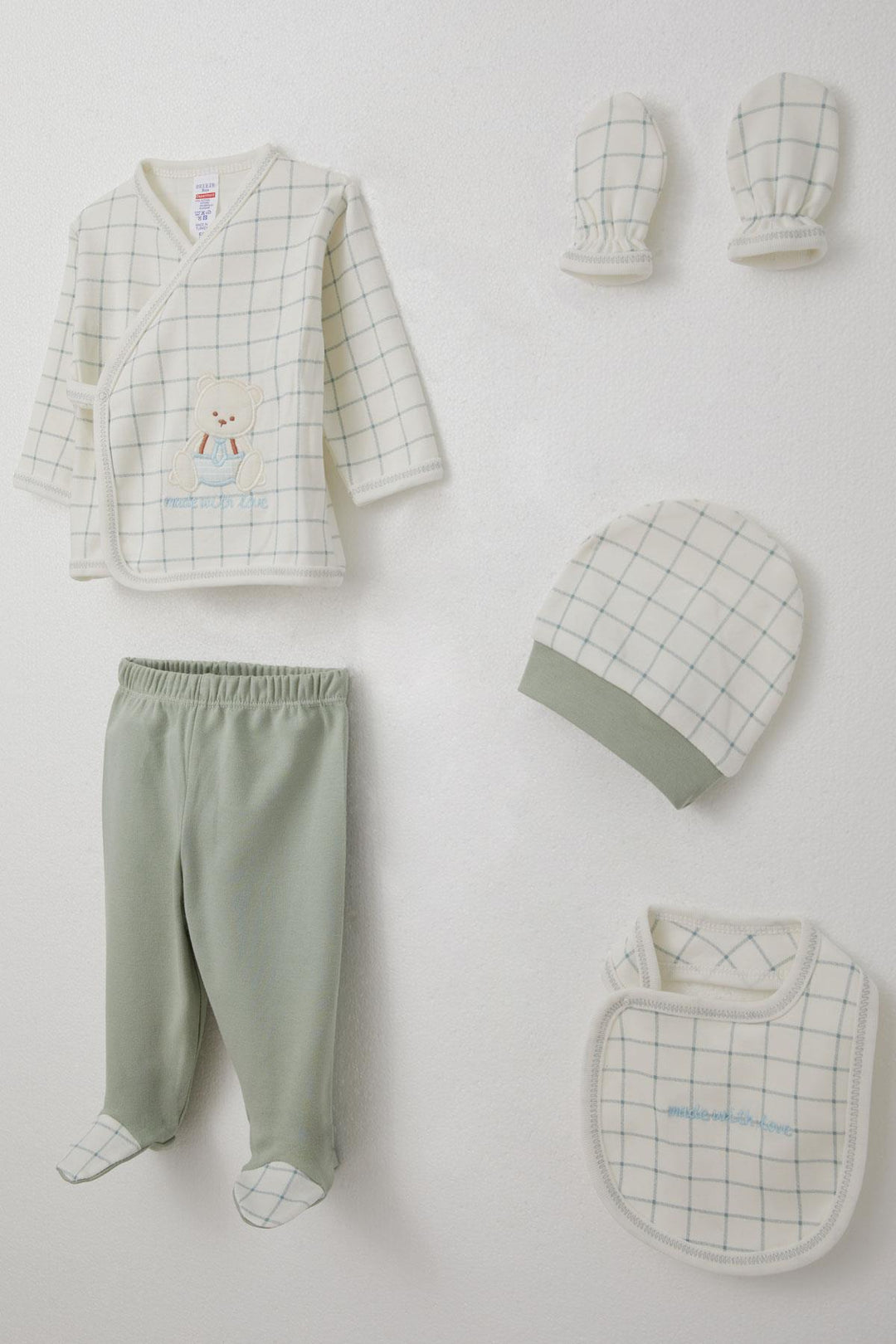 BRE Breeze Baby Boy Hospital Outfit 5-Piece Set with Cute Bear Embroidery Square Pattern 0-3 Months, Ecru - Albany