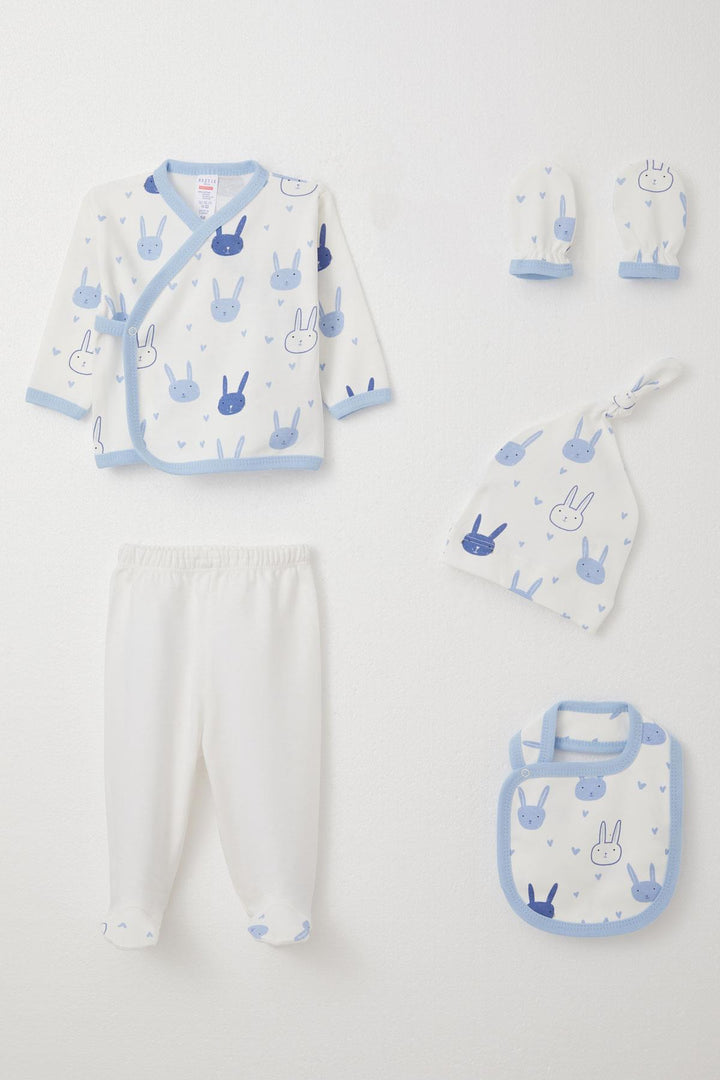 BRE Breeze Baby Boy Hospital Outfit 5-Piece Set with Bunny Pattern, 0-3 Months, White - Lodi