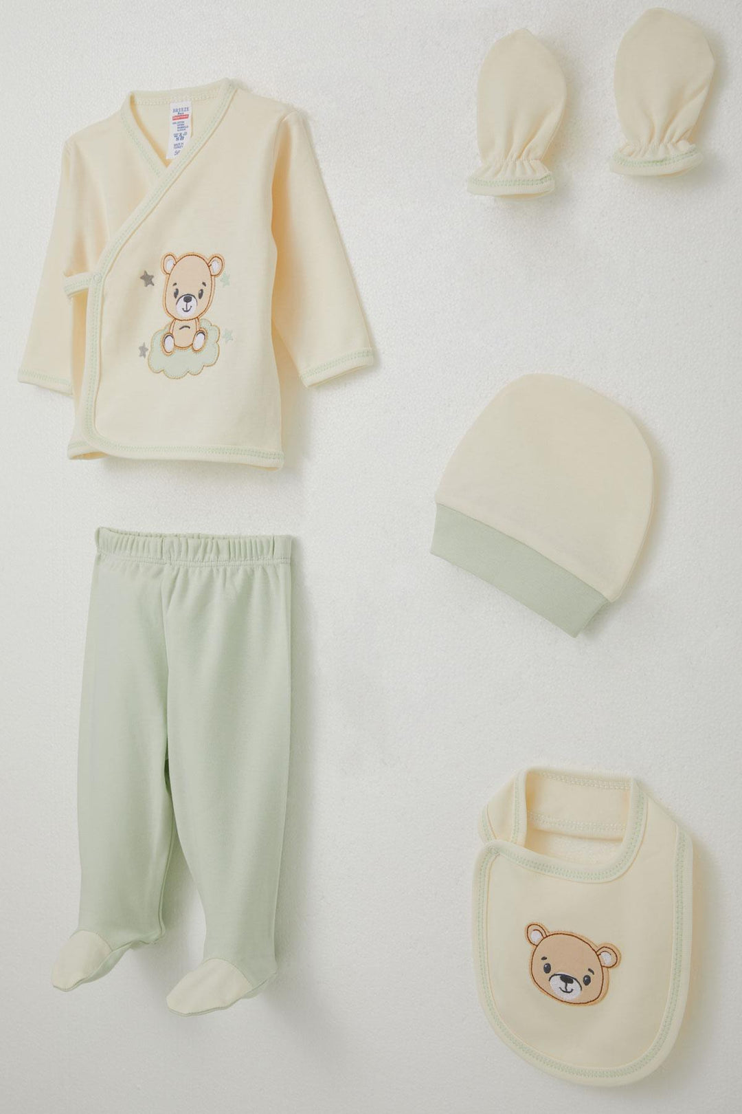 BRE Breeze Baby Boy Hospital Outfit 5-Piece with Cute Bear Embroidery 0-3 Months, Cream - Flensburg