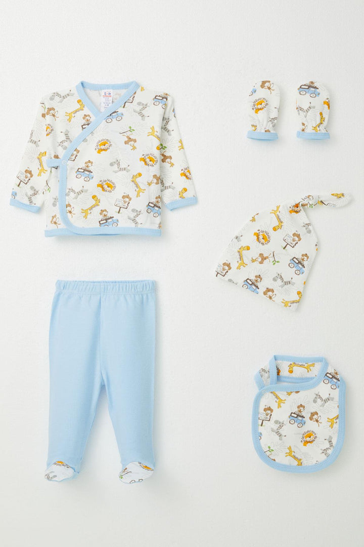 BRE Breeze Baby Boy Hospital Outfit 5-Piece Safari Themed Cute Animals Patterned 0-3 Months, White - Lakewood