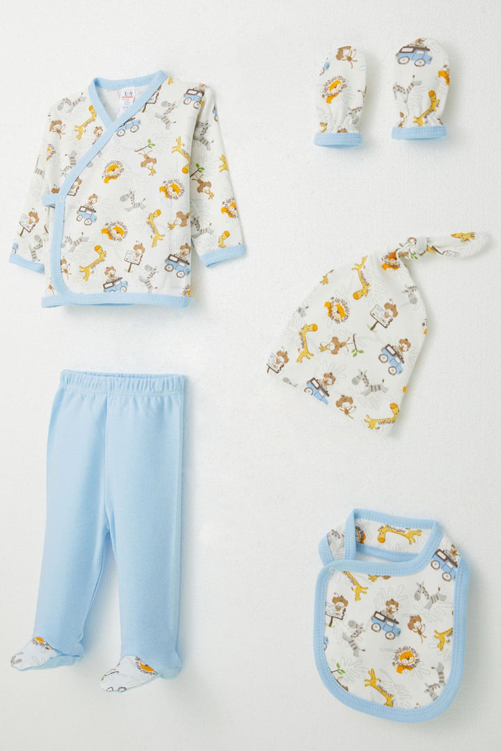 BRE Breeze Baby Boy Hospital Outfit 5-Piece Safari Themed Cute Animals Patterned 0-3 Months, White - Lakewood