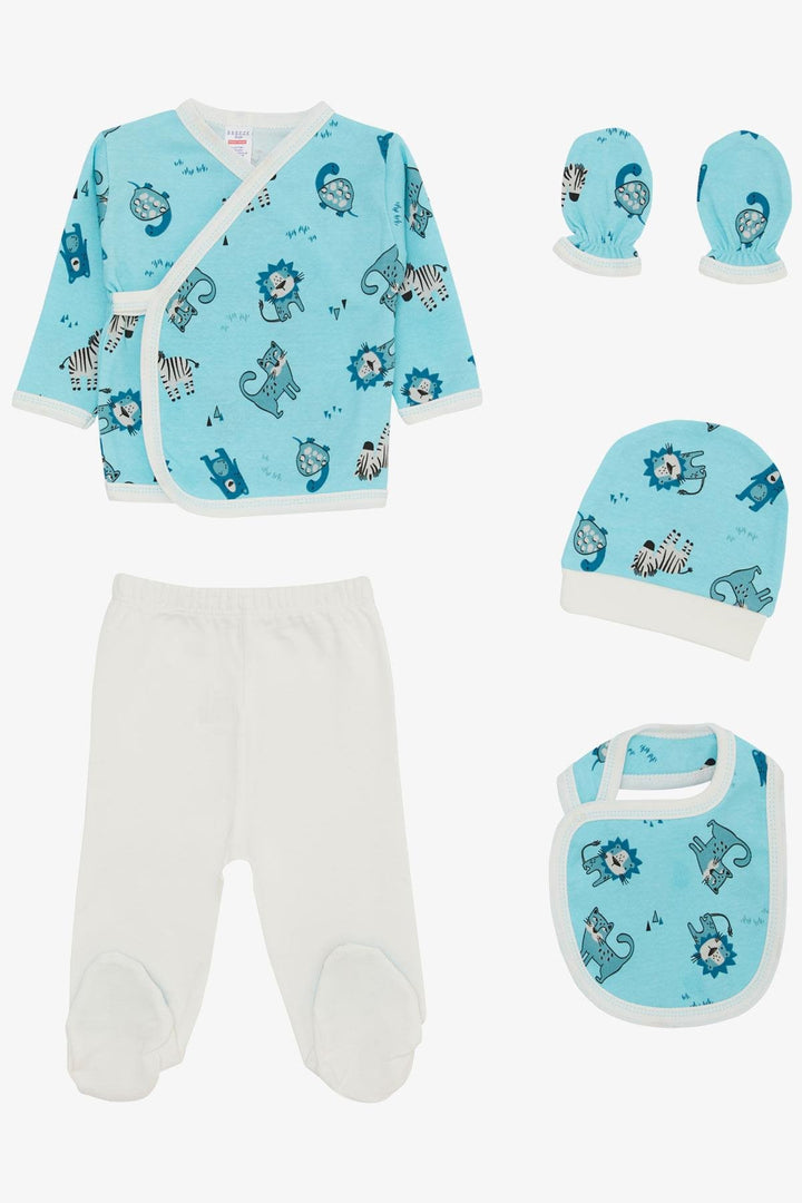 BRE Breeze Baby Boy Hospital Outfit 5-Piece Cute Animals Patterned 0-3 Months, Blue - Spanish Fork