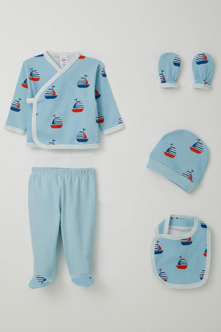 BRE Breeze Baby Boy Hospital Outfit 5 Piece Sailboat Pattern 0-3 Months, Light Blue - Darlington