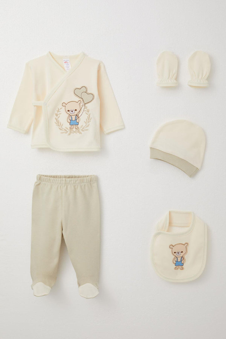 BRE Breeze Baby Boy Hospital Outfit 5 Piece Cute Bear Embroidered 0-3 Months, Cream - Lexington