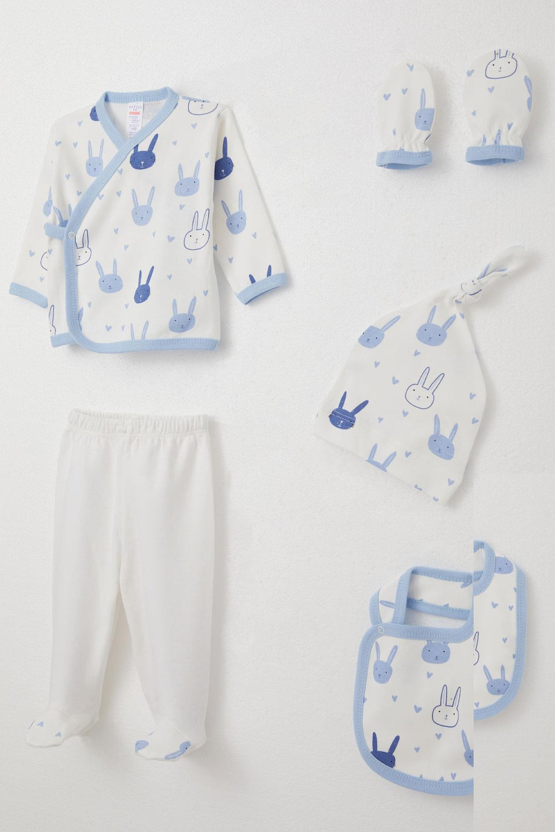 BRE Breeze Baby Boy Hospital Outfit 5-Piece Set with Bunny Pattern, 0-3 Months, White - Lodi