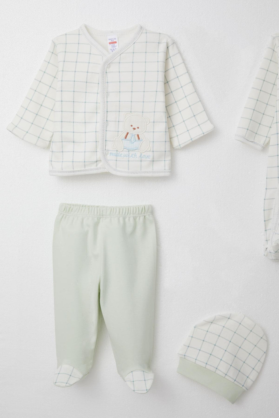 BRE Breeze Baby Boy Hospital Outfit 8-Piece Set with Cute Bear Embroidery Square Pattern 0-3 Months, Ecru - Schagen