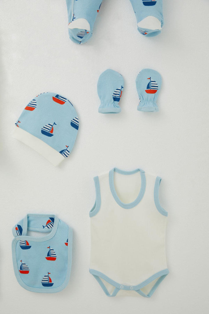 BRE Breeze Baby Boy Hospital Outfit 8 Piece Sailboat Pattern 0-3 Months, Light Blue - Manteca