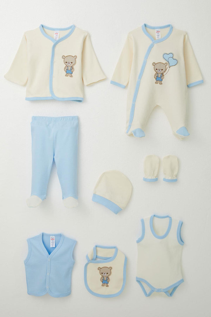 BRE Breeze Baby Boy Hospital Outfit 8-Piece with Cute Bear Embroidery 0-3 Months, Cream - Pordenone