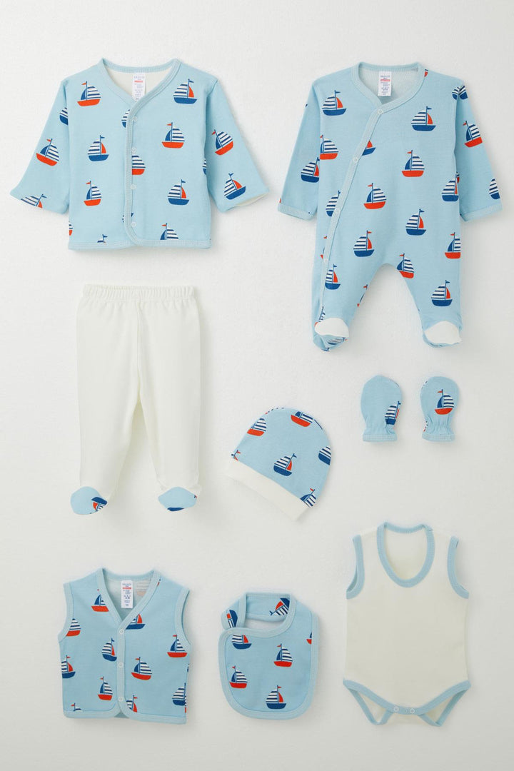 BRE Breeze Baby Boy Hospital Outfit 8 Piece Sailboat Pattern 0-3 Months, Light Blue - Manteca