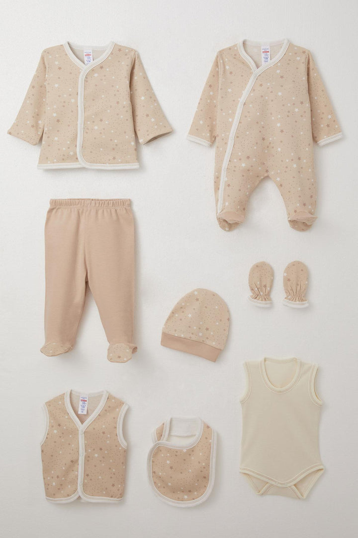 BRE Breeze Baby Boy 8 Piece Hospital Outfit Star Patterned 0-3 Months, Beige - Esposende