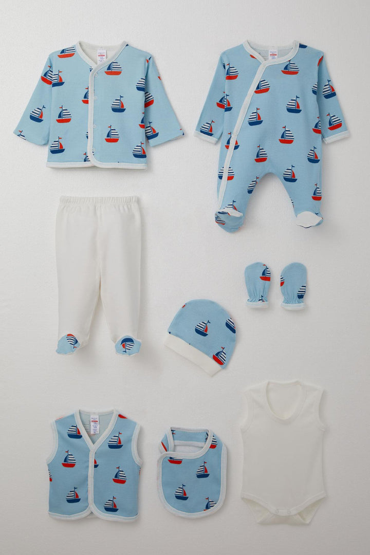 BRE Breeze Baby Boy Hospital Outfit 8 Piece Sailboat Pattern 0-3 Months, Light Blue - Vienna