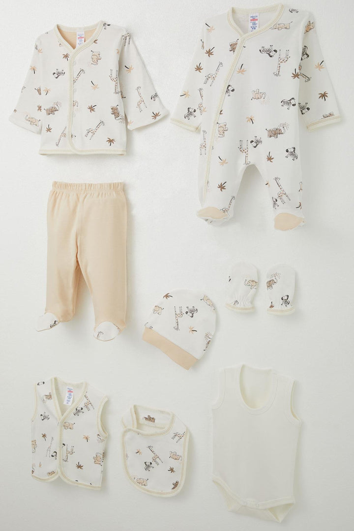 BRE Breeze Baby Boy Hospital Outfit 8 Pieces Palm Tree with Cute Animals Pattern 0-3 Months, Ecru - Xalapa